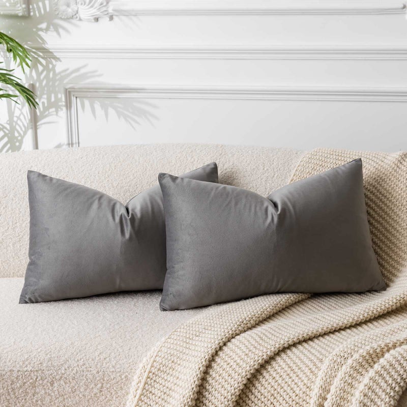 JUSPURBET Grey Lumbar Velvet Throw Pillow Covers 16x24 inch Set of 2 for Living Room Couch Sofa Bedroom Decorative Rectangle Solid Soft Cushion Cases with Invisible Zipper - Image 1